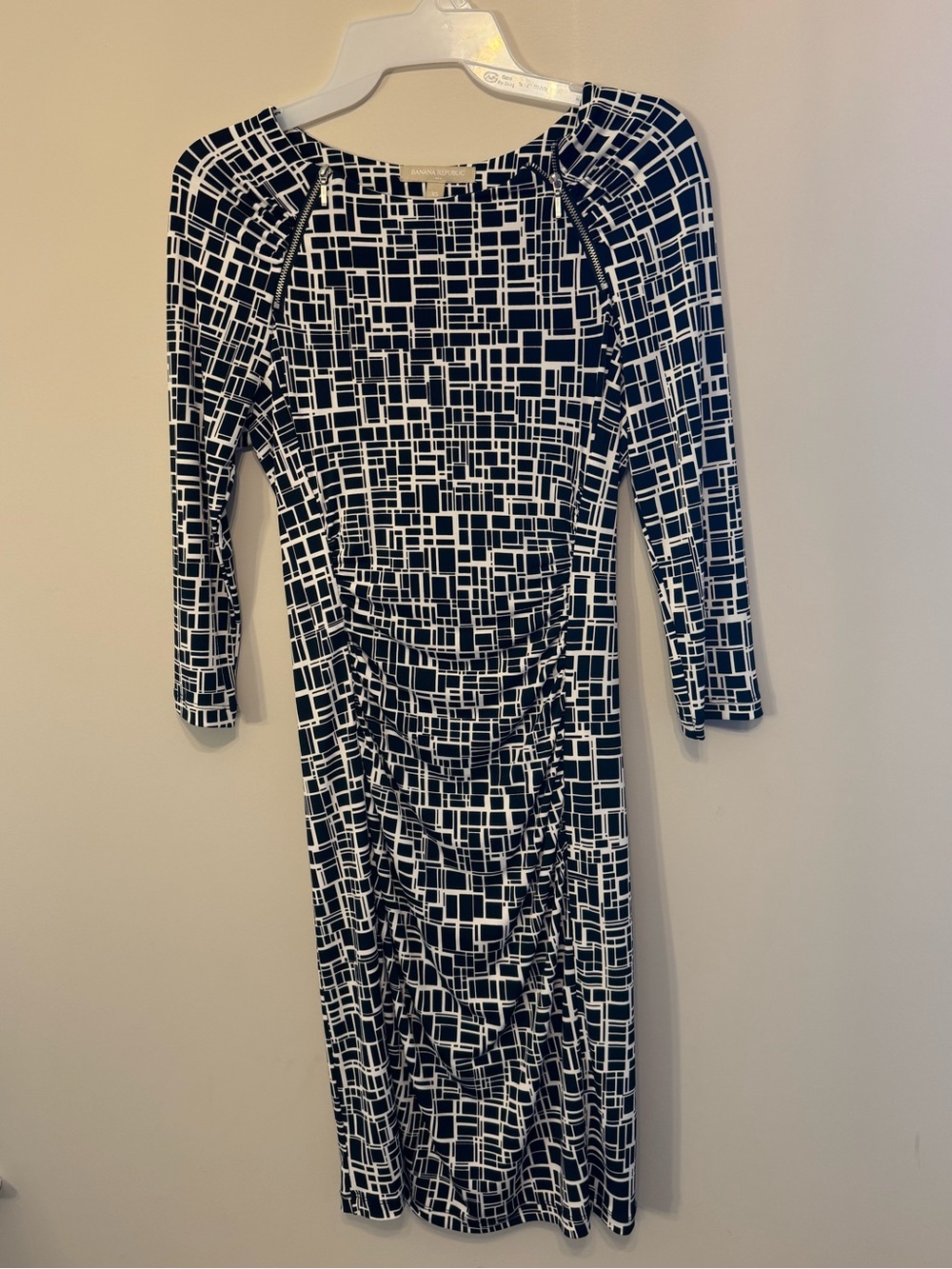 Banana Republic Black White Plaid Abstract Ruched Dress 3/4 Sleeve XS